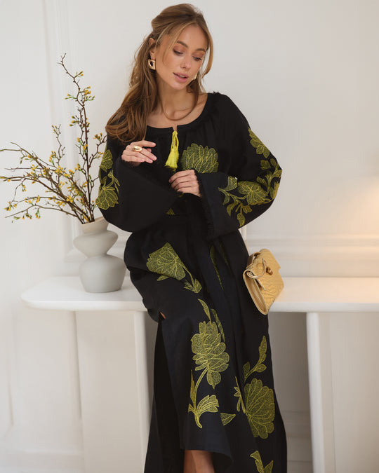 Black and Gold Floral Embroidered Linen Kaftan Maxi Dress with Angel Sleeves