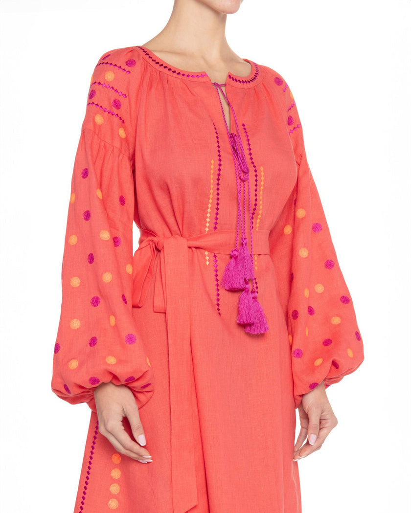 Coral Embroidered Linen Mini Dress | ZALXNDRA