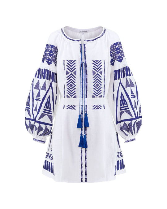 White Cobalt Blue Geometric Embroidered Linen Mini Kaftan Dress