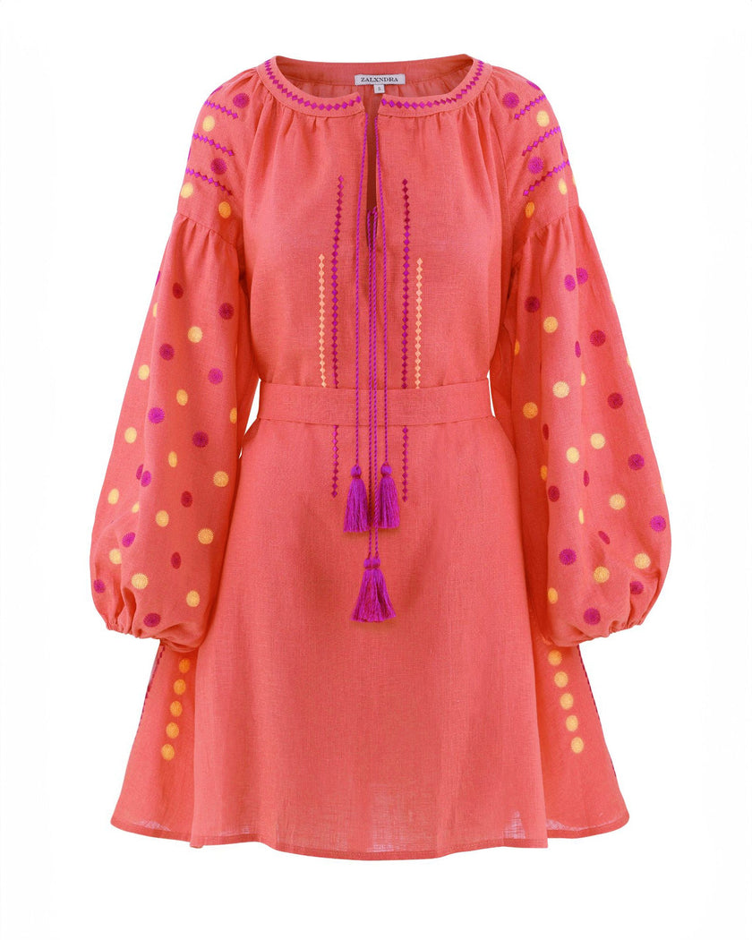 Coral Embroidered Linen Mini Dress | ZALXNDRA