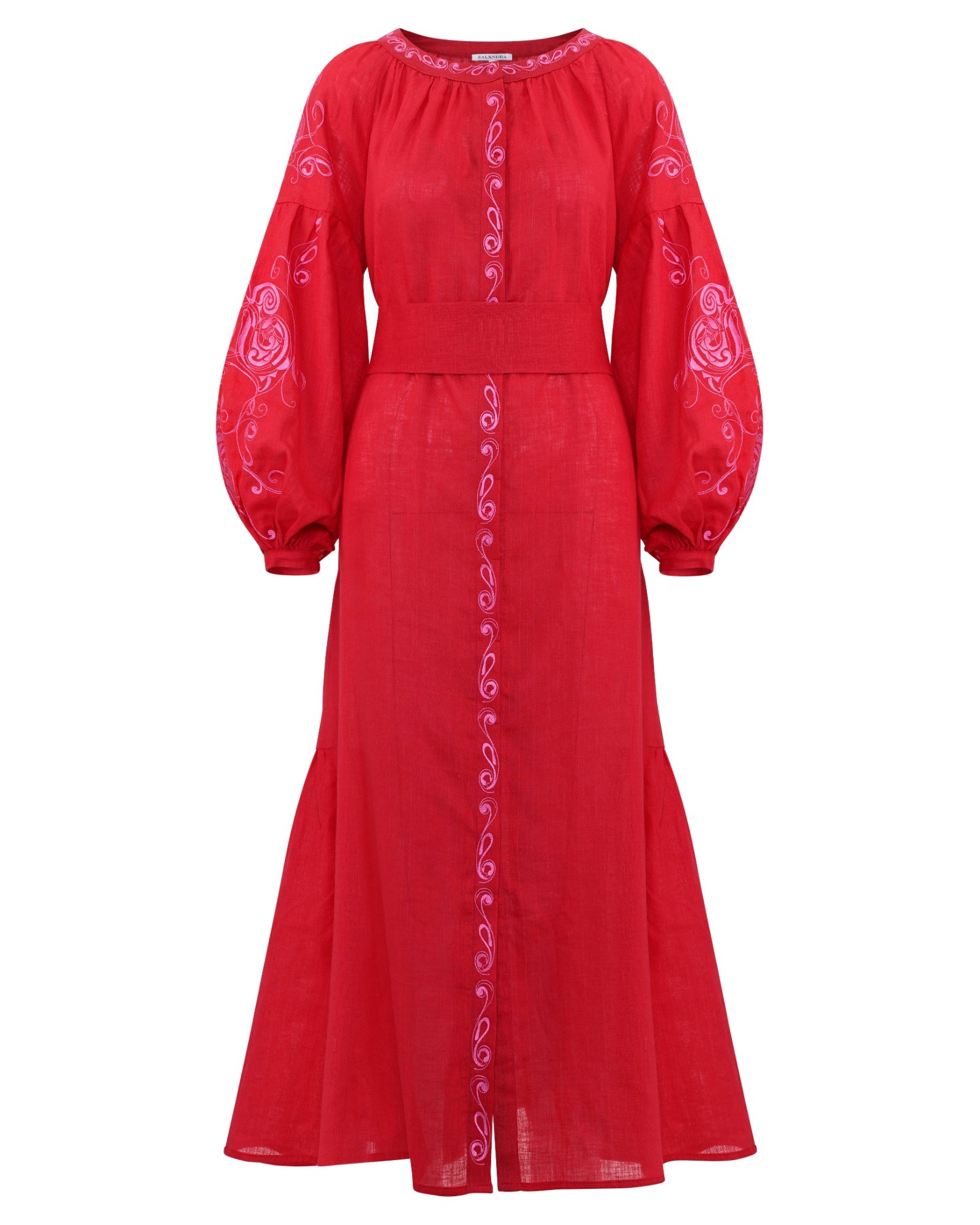 Scarlet Red Embroidered Linen Maxi Dress | ZALXNDRA