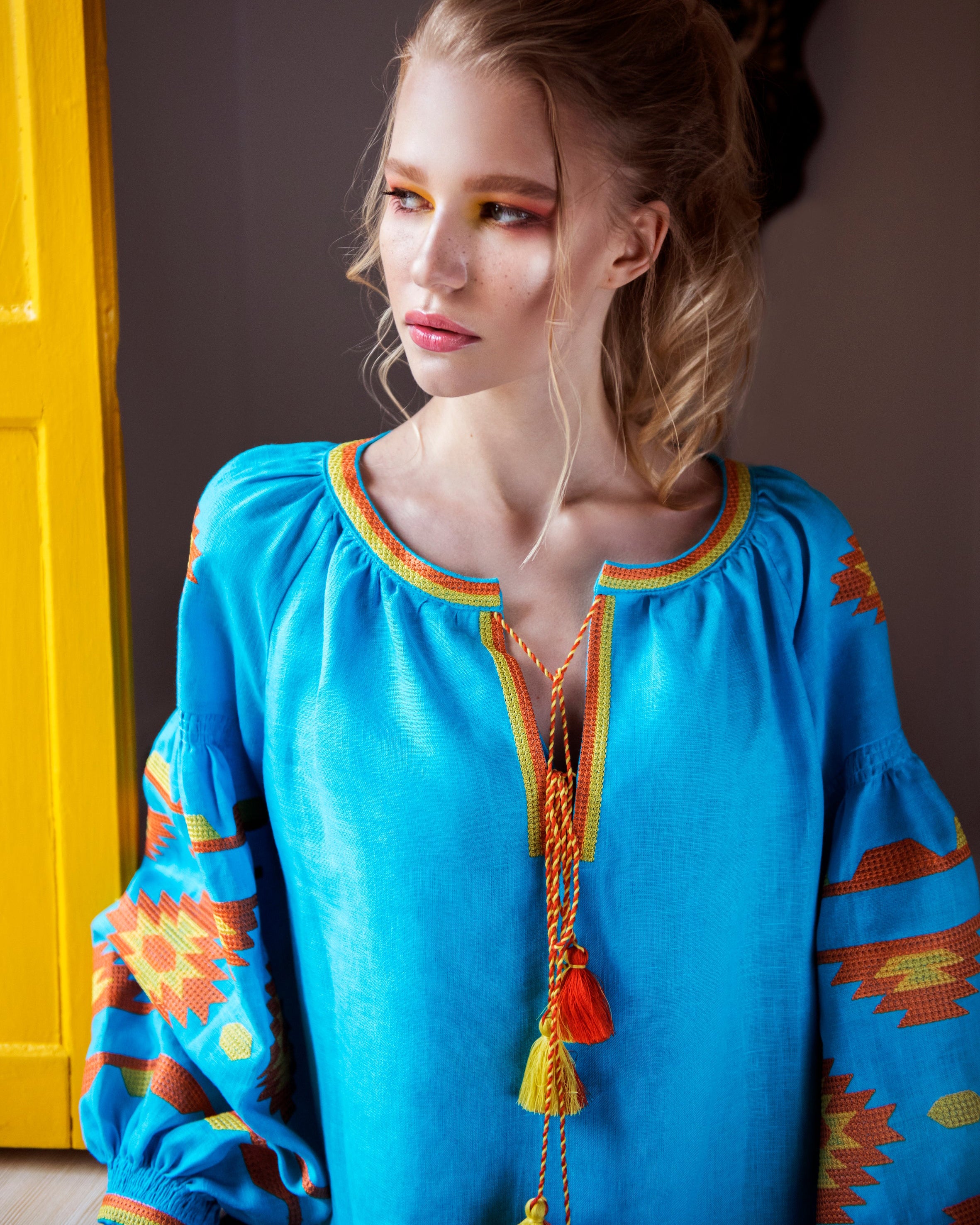 Turquoise Embroidered Linen Tunic Dress | ZALXNDRA