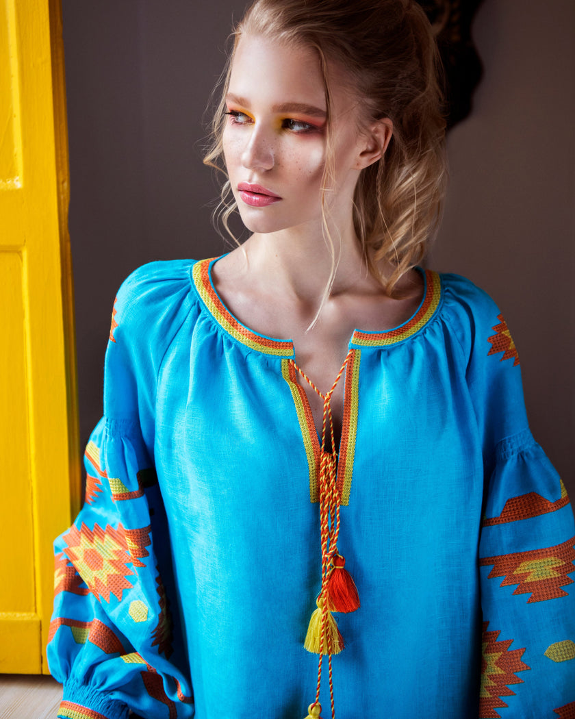 Turquoise Embroidered Linen Tunic Dress | ZALXNDRA