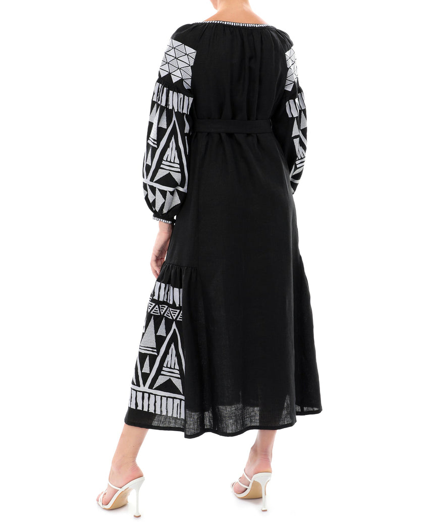 Black Embroidered Linen Maxi Dress | ZALXNDRA