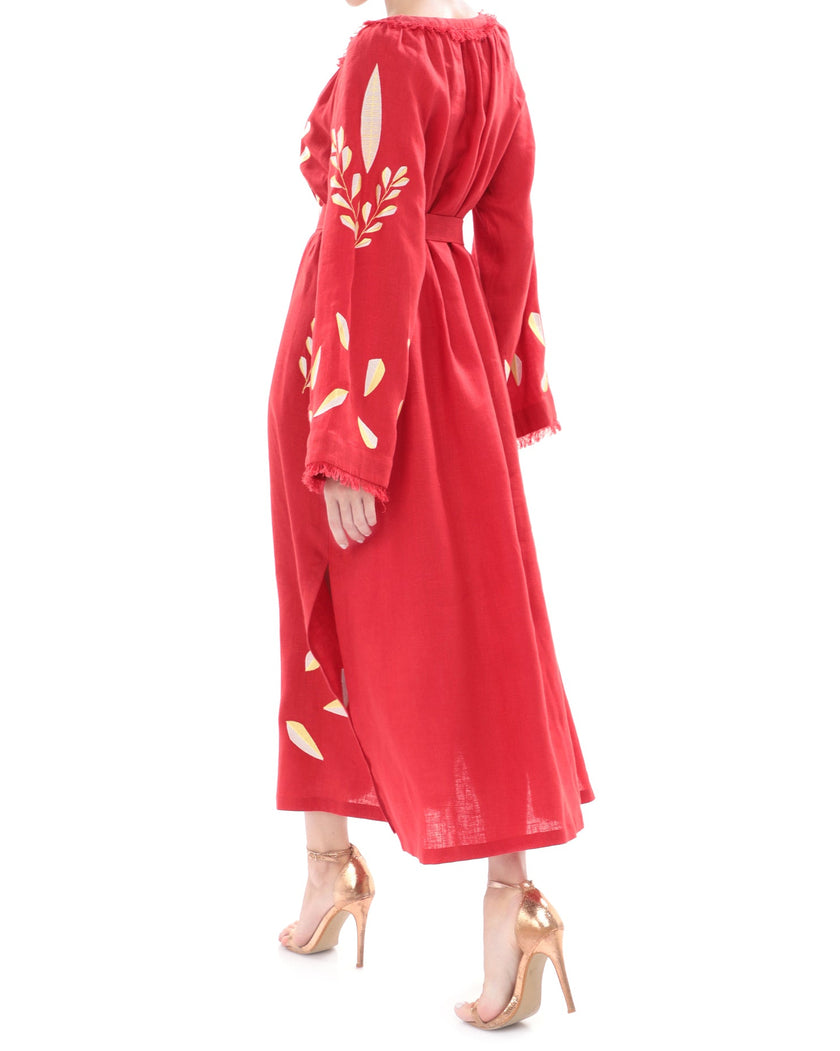 Scarlet Red Embroidered Linen Maxi Dress | ZALXNDRA