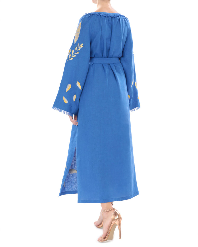 Royal Blue Embroidered Linen Maxi Dress | ZALXNDRA