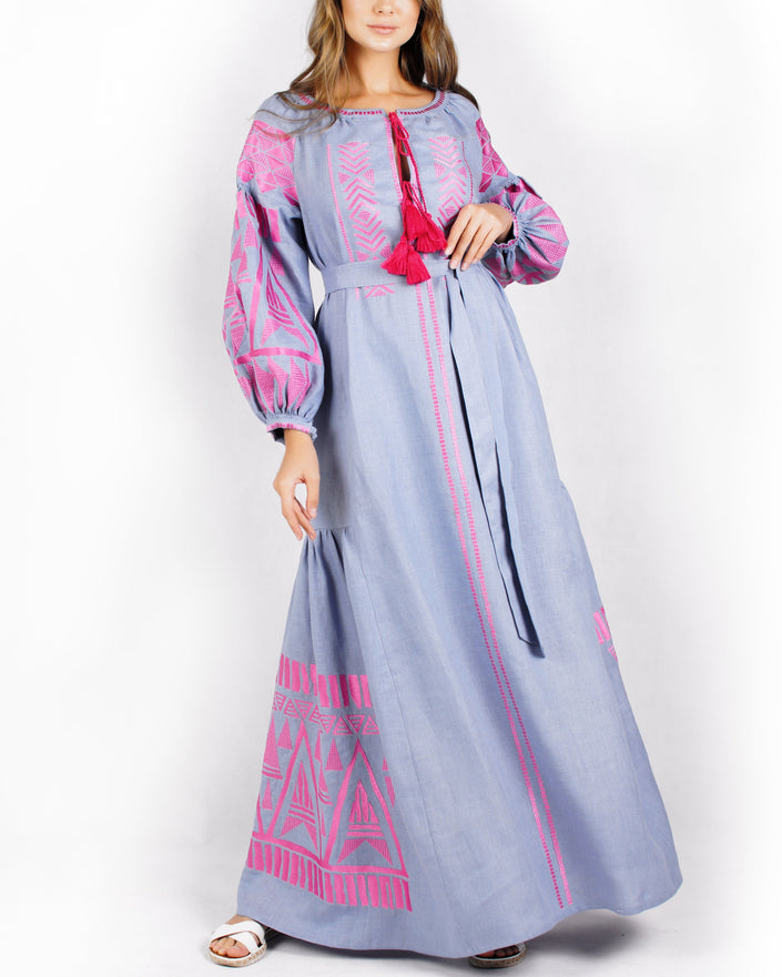 Dark Powder Blue Embroidered Linen Maxi Dress | ZALXNDRA