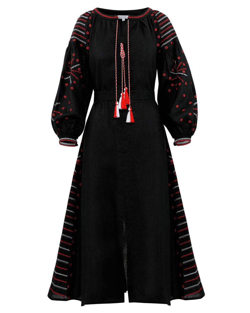 Black Embroidered Linen Maxi Dress | ZALXNDRA