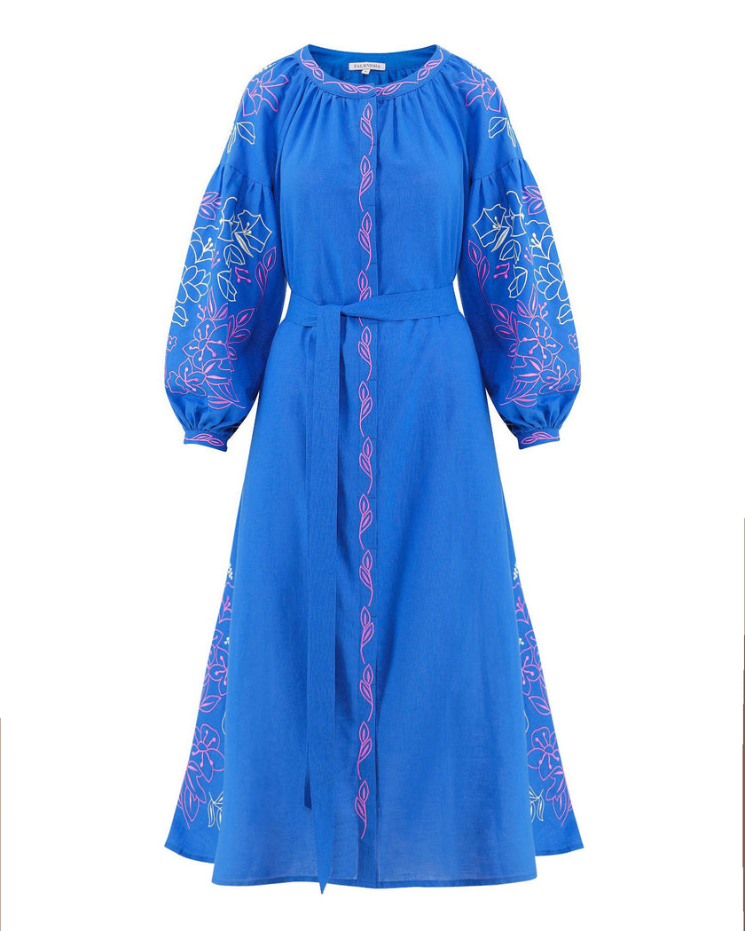 Blue Embroidered Linen Maxi Dress | ZALXNDRA