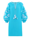 Turquoise Embroidered Linen Tunic Dress | ZALXNDRA