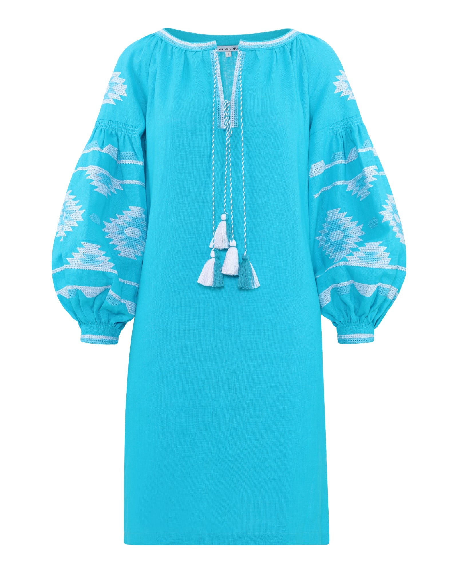 Turquoise Embroidered Linen Tunic Dress | ZALXNDRA