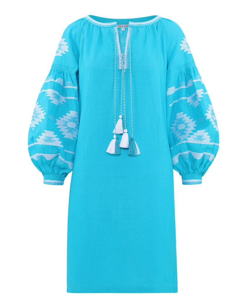 Turquoise Embroidered Linen Tunic Dress | ZALXNDRA