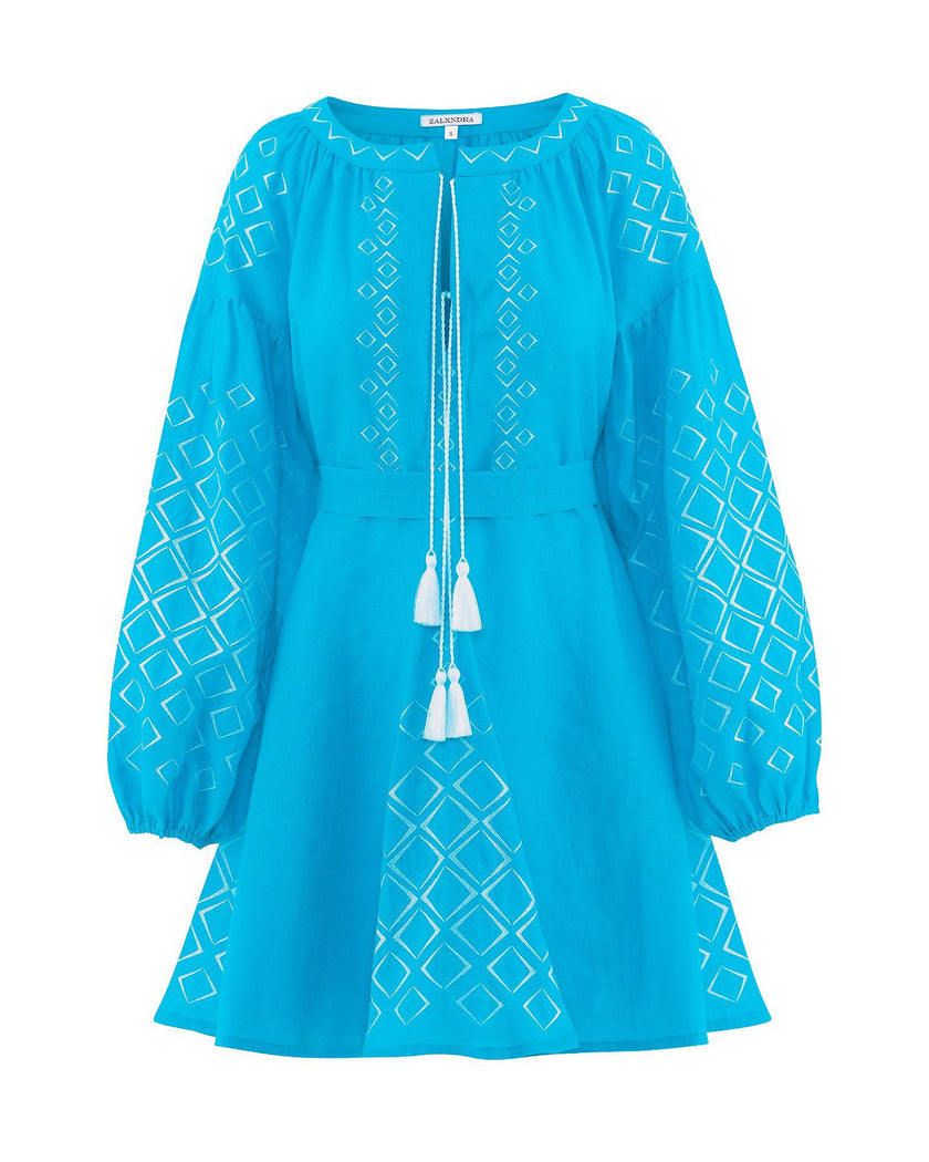 Turquoise Embroidered Linen Mini Dress | ZALXNDRA
