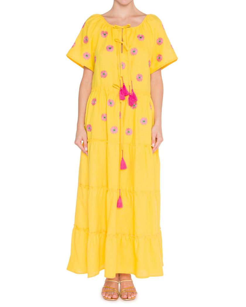Saffron Yellow Embroidered Linen Maxi Dress | ZALXNDRA