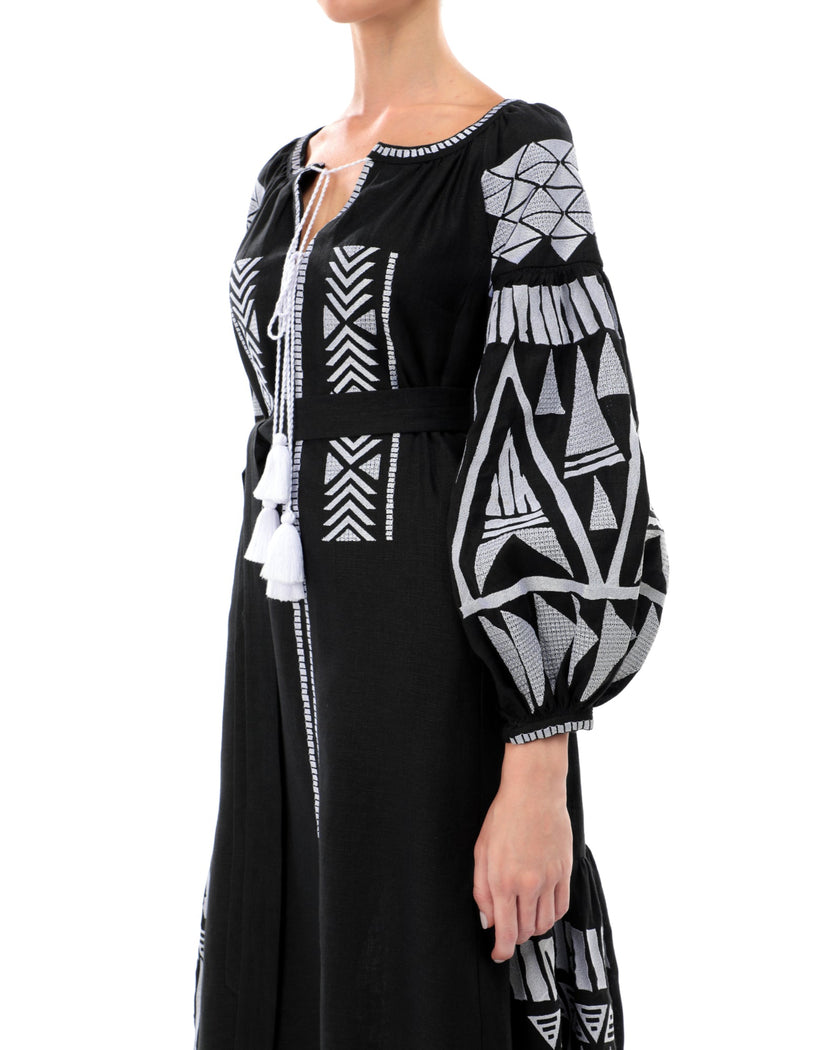 Black Embroidered Linen Maxi Dress | ZALXNDRA