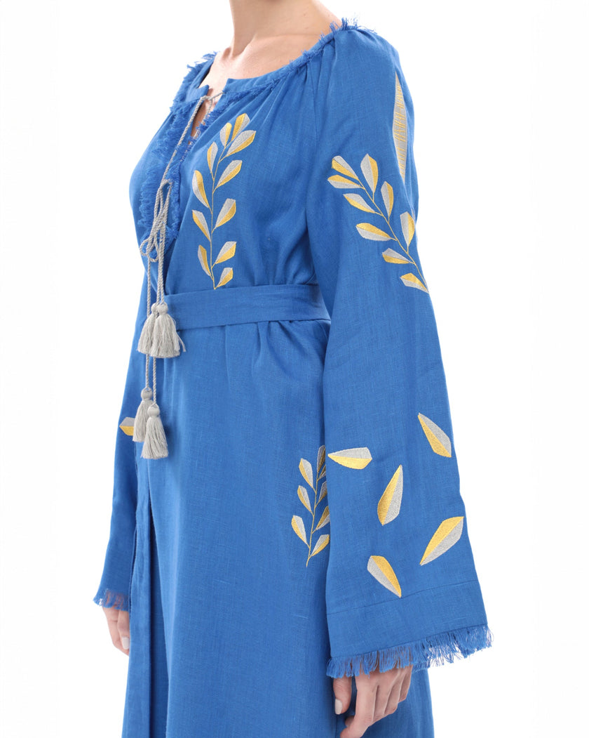 Royal Blue Embroidered Linen Maxi Dress | ZALXNDRA
