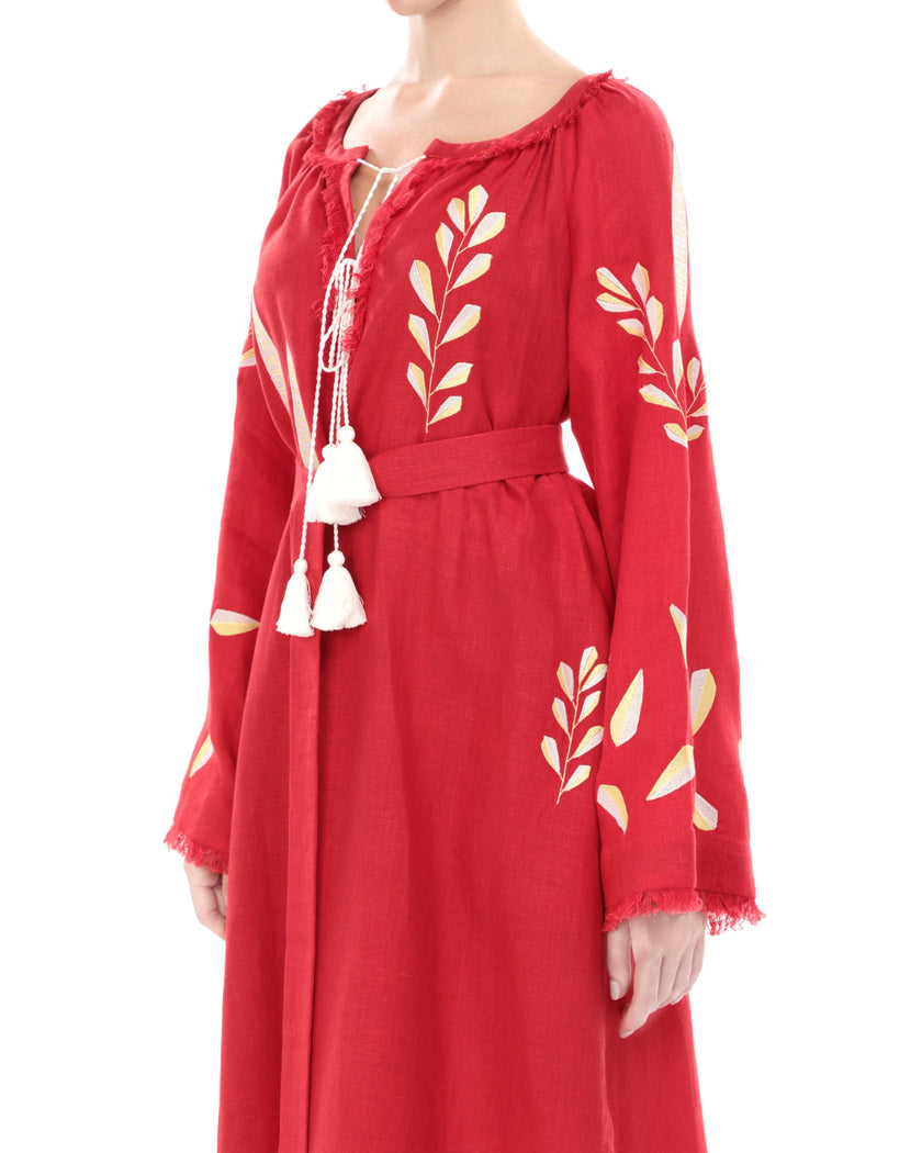 Scarlet Red Embroidered Linen Maxi Dress | ZALXNDRA