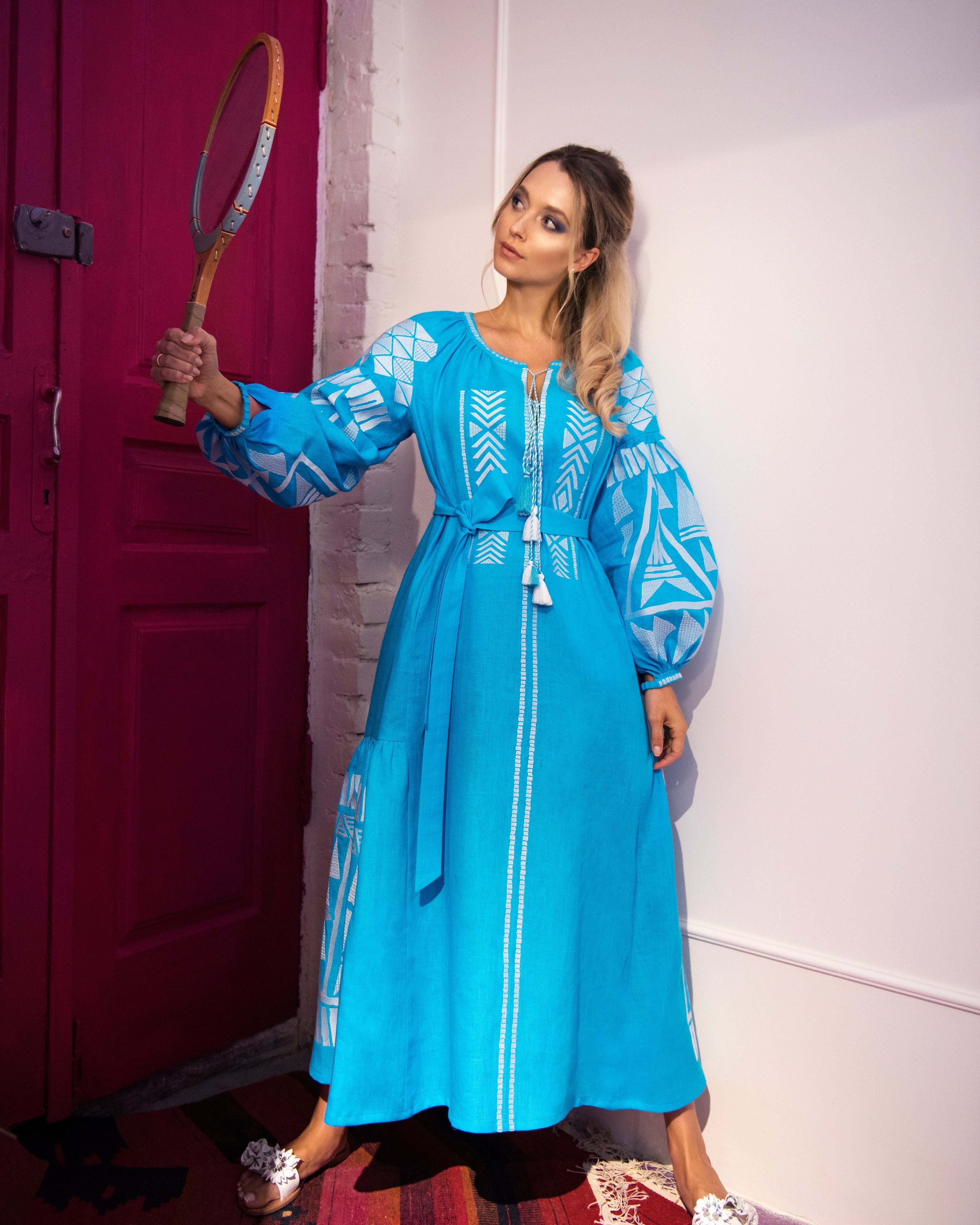 Turquoise Embroidered Linen Maxi Dress | ZALXNDRA