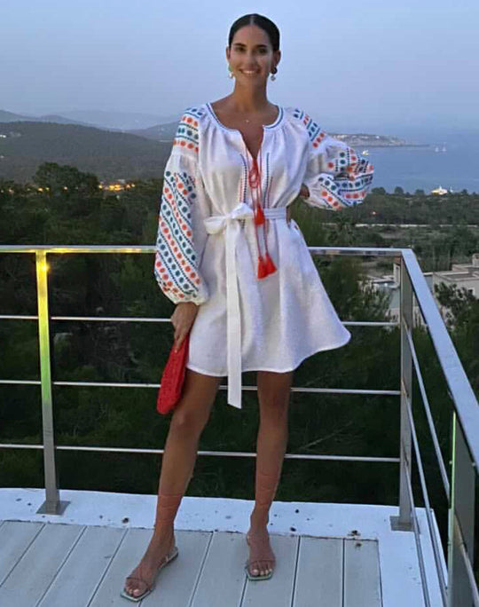 White Turquoise Orange Geometric Embroidered Linen Mini Kaftan Dress