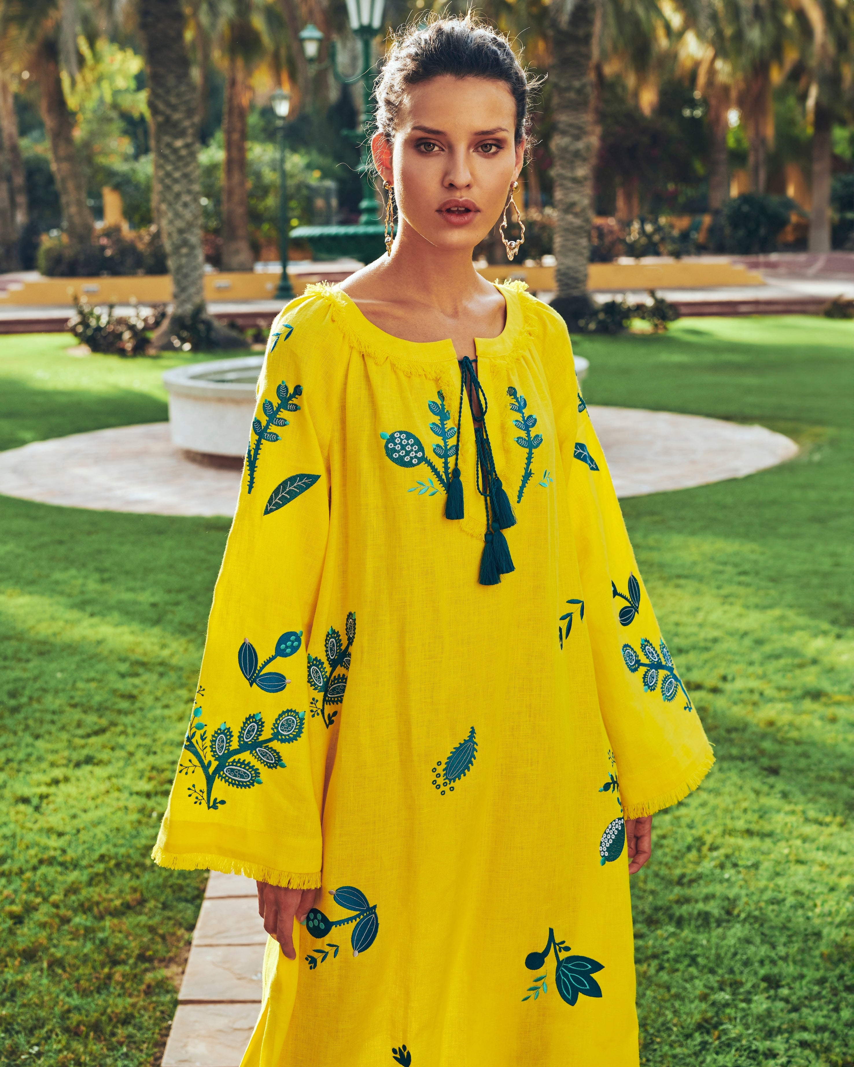 Lemon Yellow Embroidered Linen Maxi Dress | ZALXNDRA