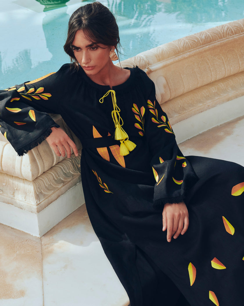 Black Embroidered Linen Maxi Dress | ZALXNDRA