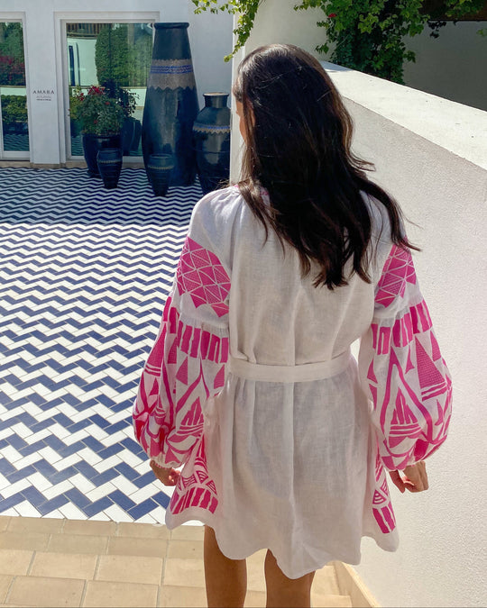 White Pink Geometric Embroidered Linen Kaftan Mini Dress