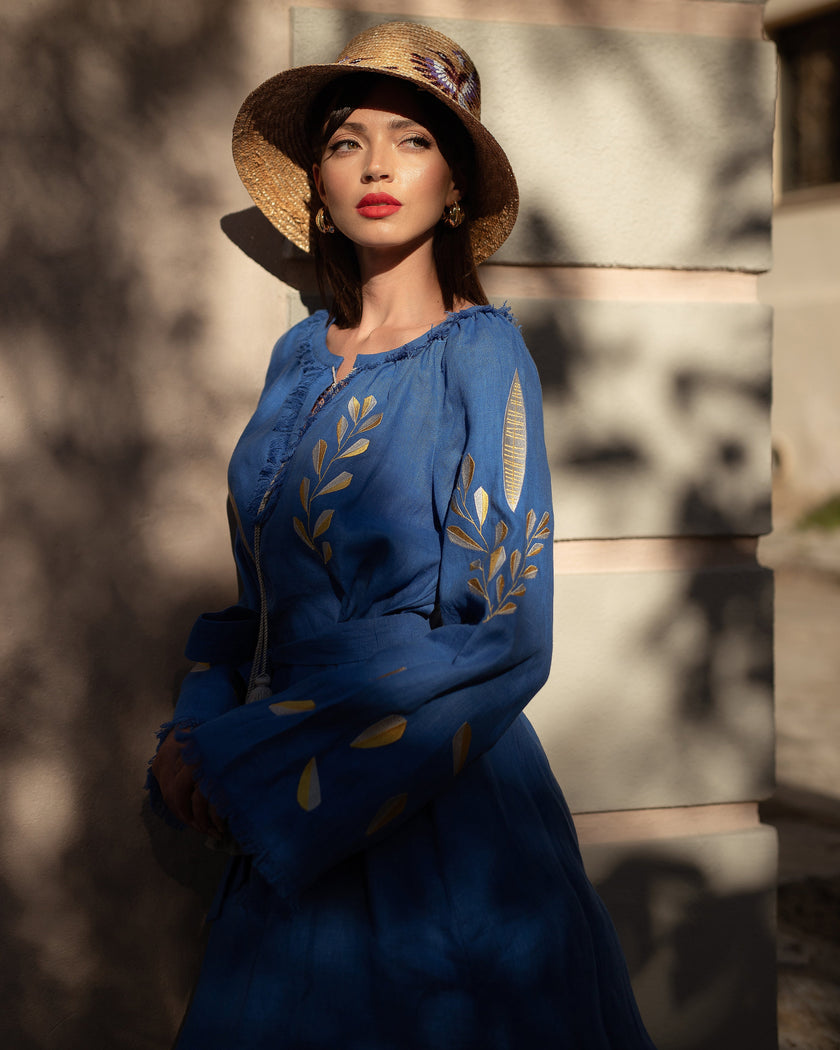 Royal Blue Embroidered Linen Maxi Dress | ZALXNDRA