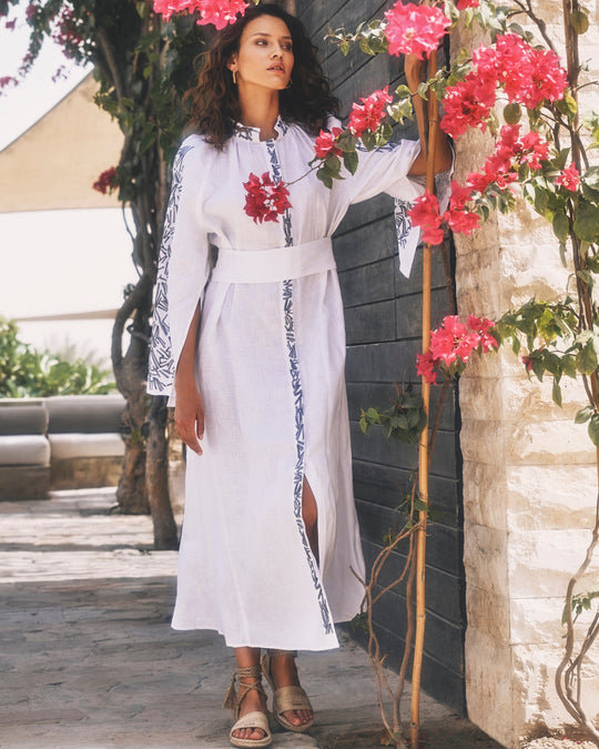 White and Slate Embroidered Linen Kaftan Maxi Dress