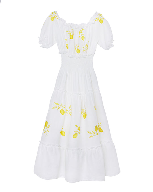 White Yellow Lemon Embroidered Linen Midi Dress