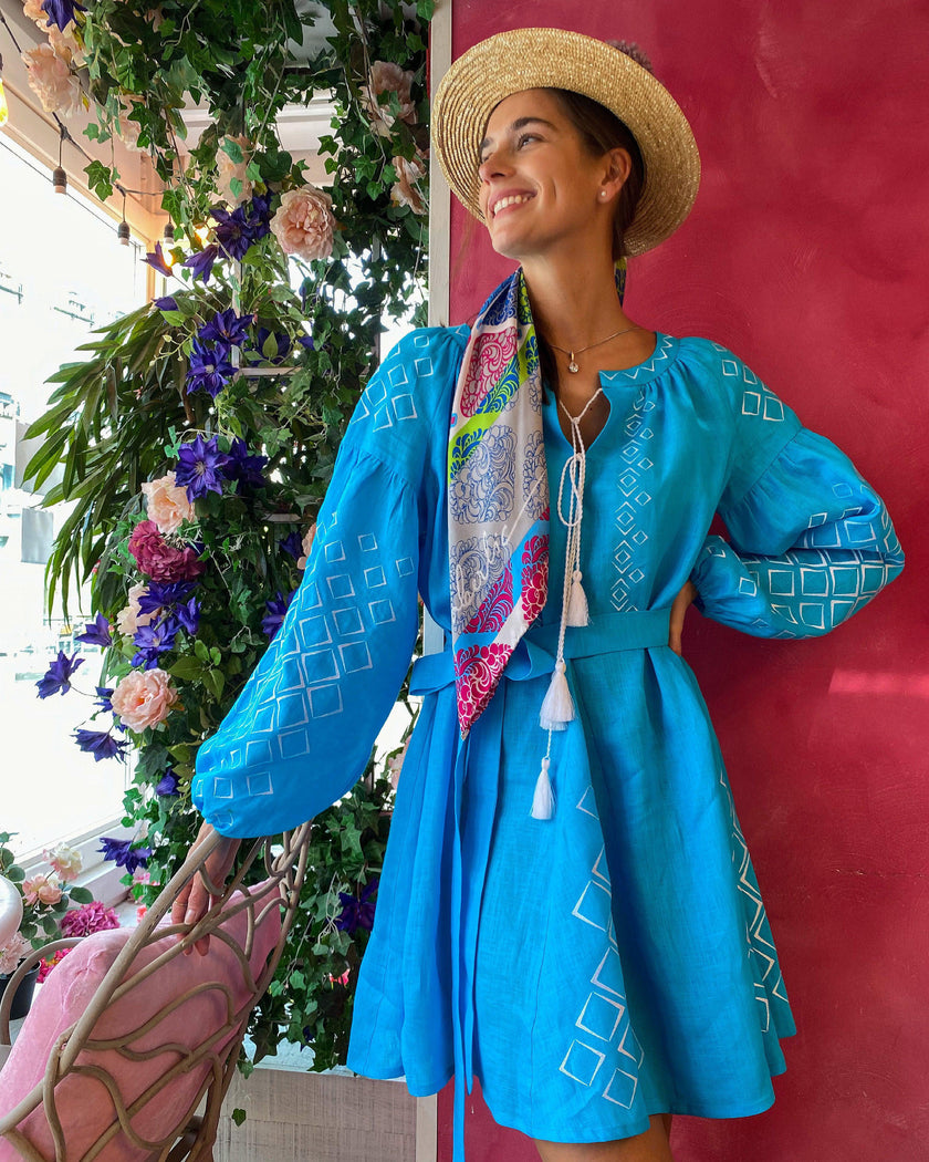 Turquoise Embroidered Linen Mini Dress | ZALXNDRA