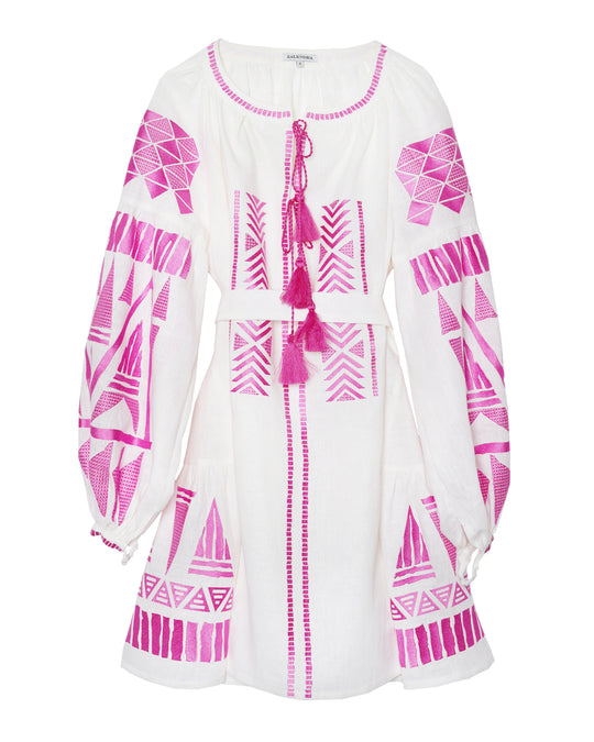 White Pink Geometric Embroidered Linen Kaftan Mini Dress