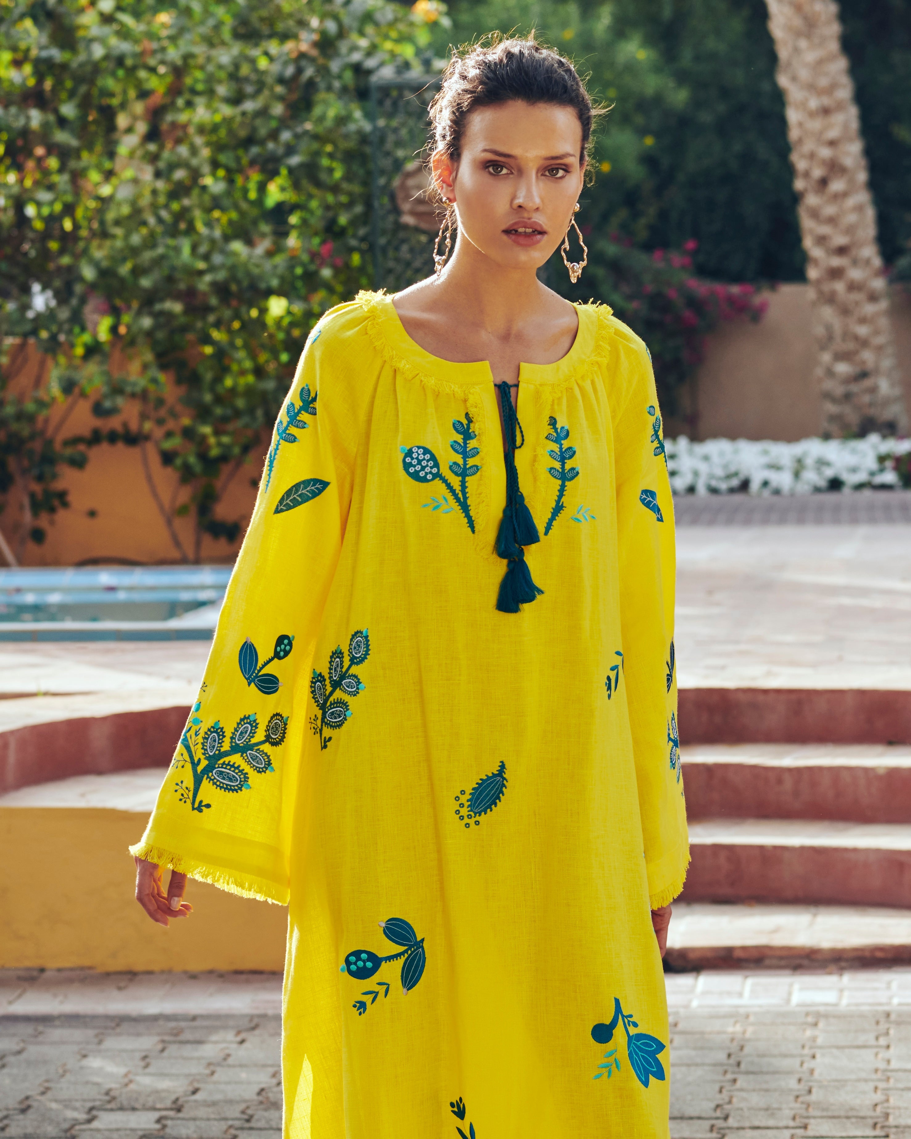 Lemon Yellow Embroidered Linen Maxi Dress | ZALXNDRA