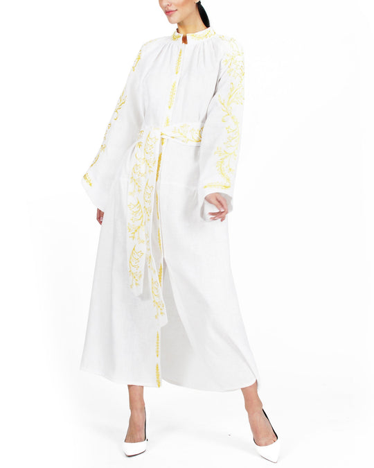 White and Yellow Embroidered Linen Maxi Dress with Stand Collar and Angel Sleeves