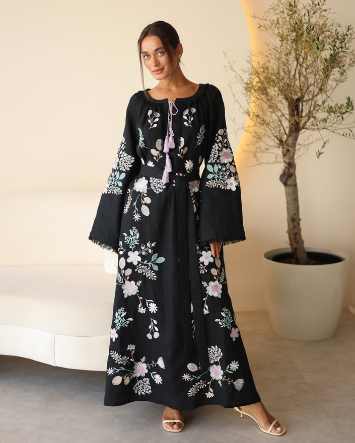 Black Embroidered Linen Maxi Dress | ZALXNDRA