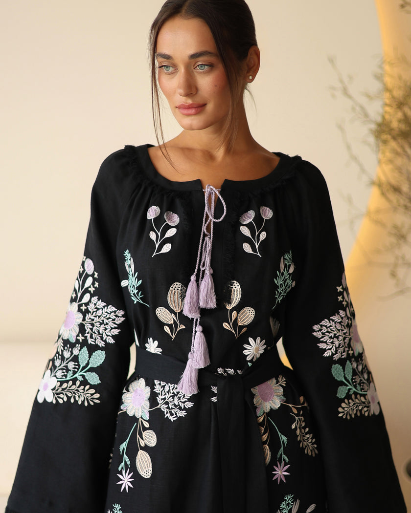 Black Embroidered Linen Maxi Dress | ZALXNDRA