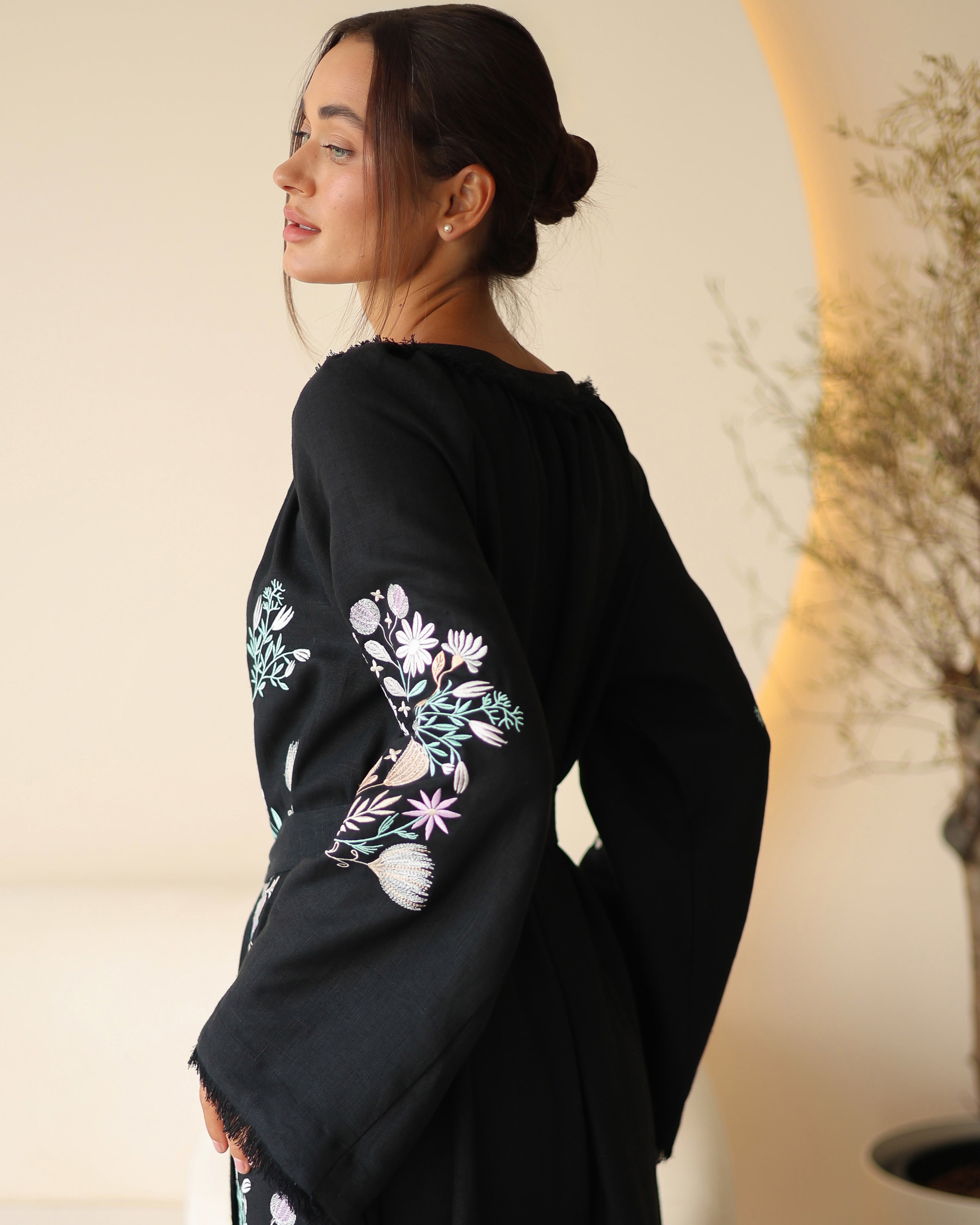 Black Embroidered Linen Maxi Dress | ZALXNDRA