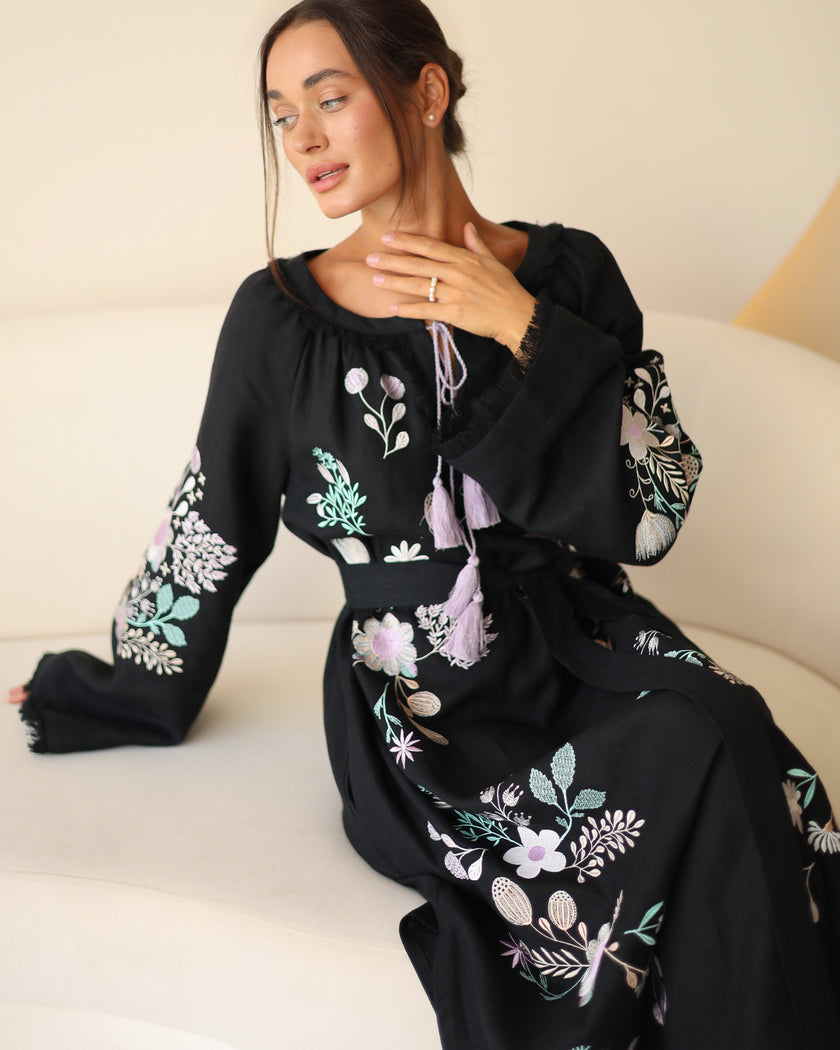 Black Embroidered Linen Maxi Dress | ZALXNDRA