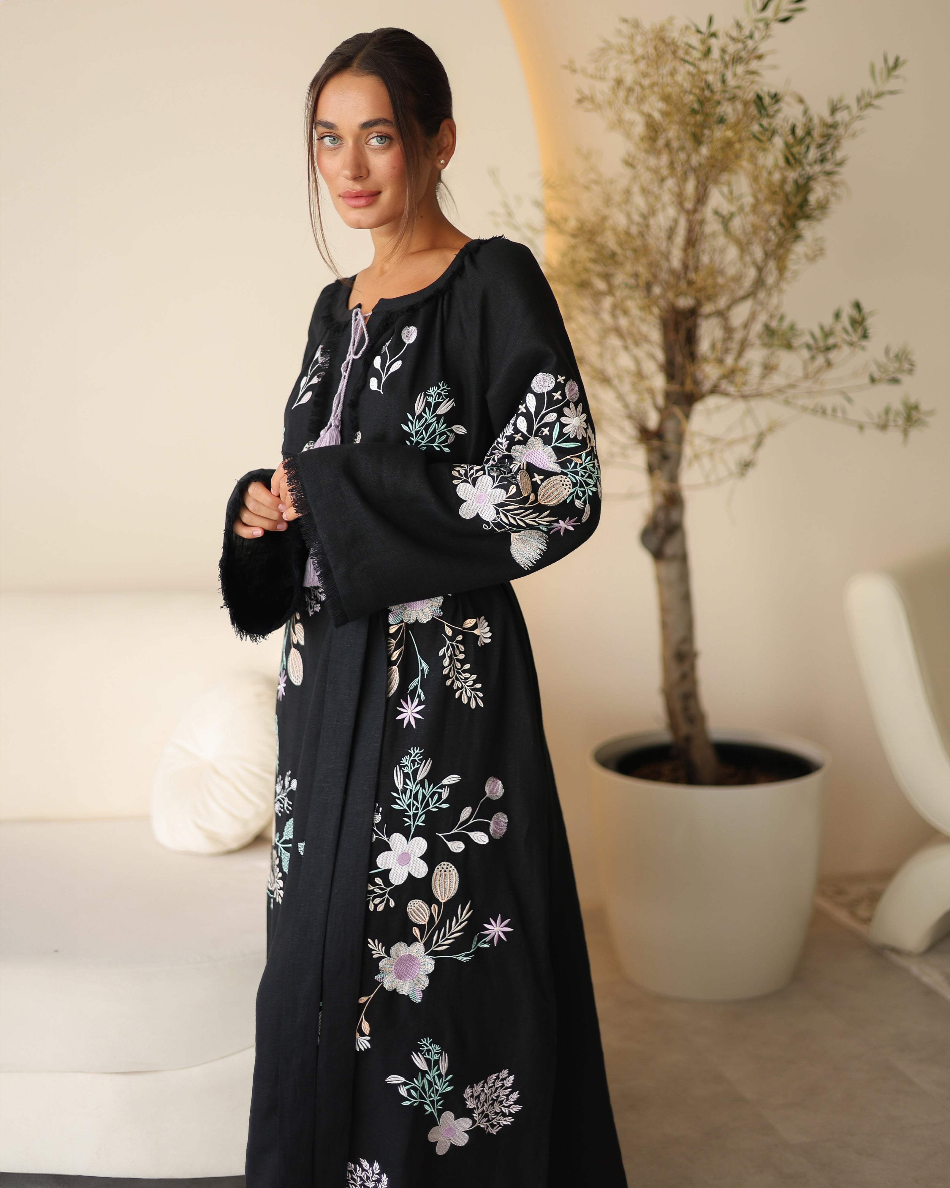 Black Embroidered Linen Maxi Dress | ZALXNDRA
