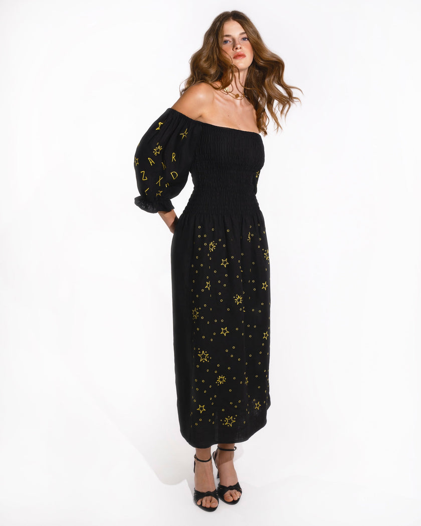 Black Embroidered Linen Dress | ZALXNDRA