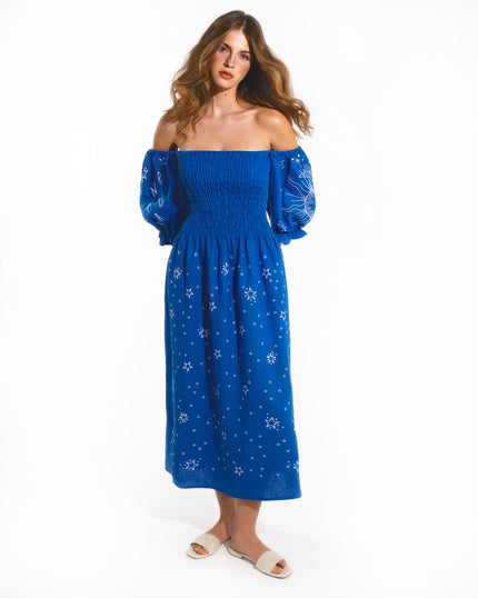 Royal Blue Embroidered Linen Dress | ZALXNDRA