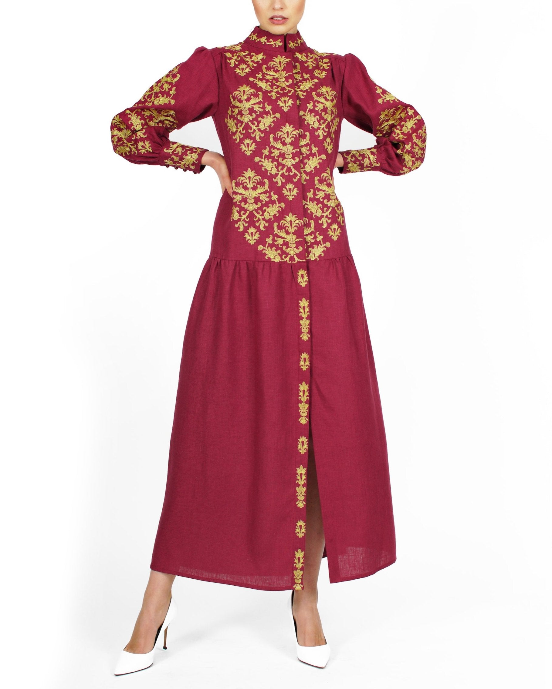 Bordeaux Embroidered Linen Maxi Dress | ZALXNDRA