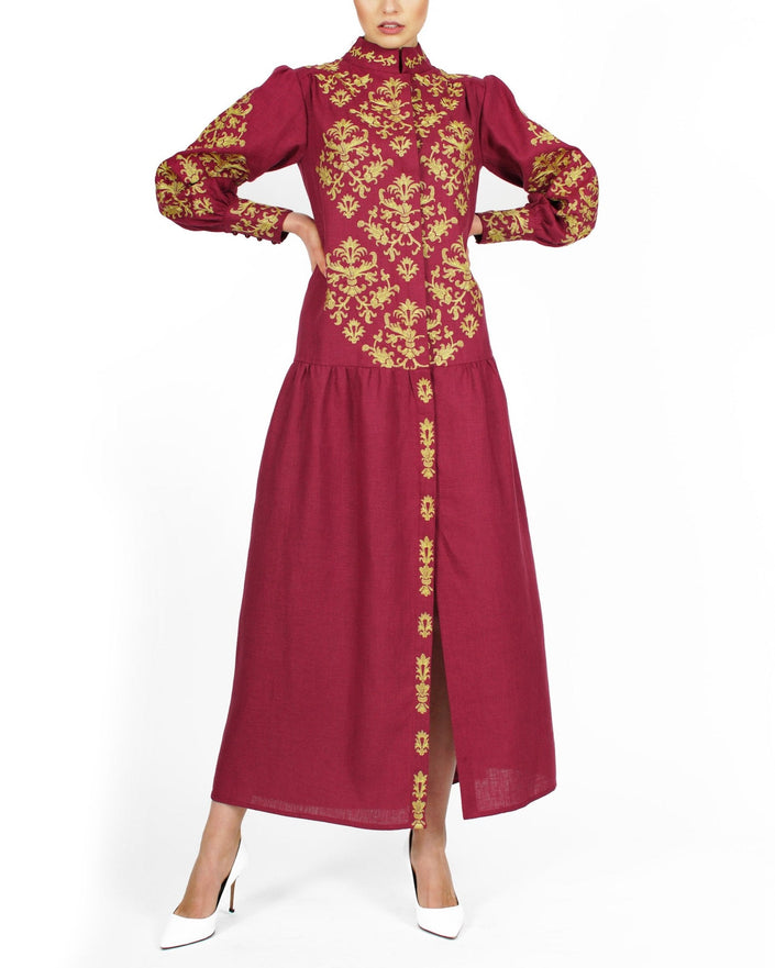 Bordeaux Embroidered Linen Maxi Dress | ZALXNDRA