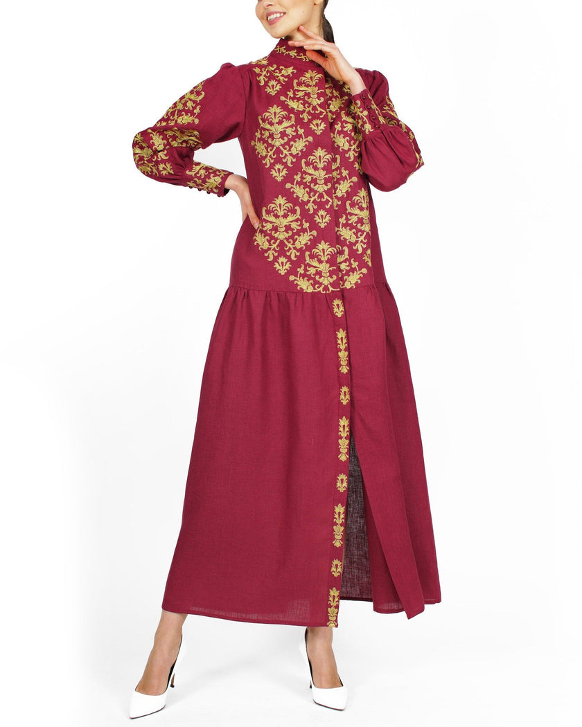 Bordeaux Embroidered Linen Maxi Dress | ZALXNDRA