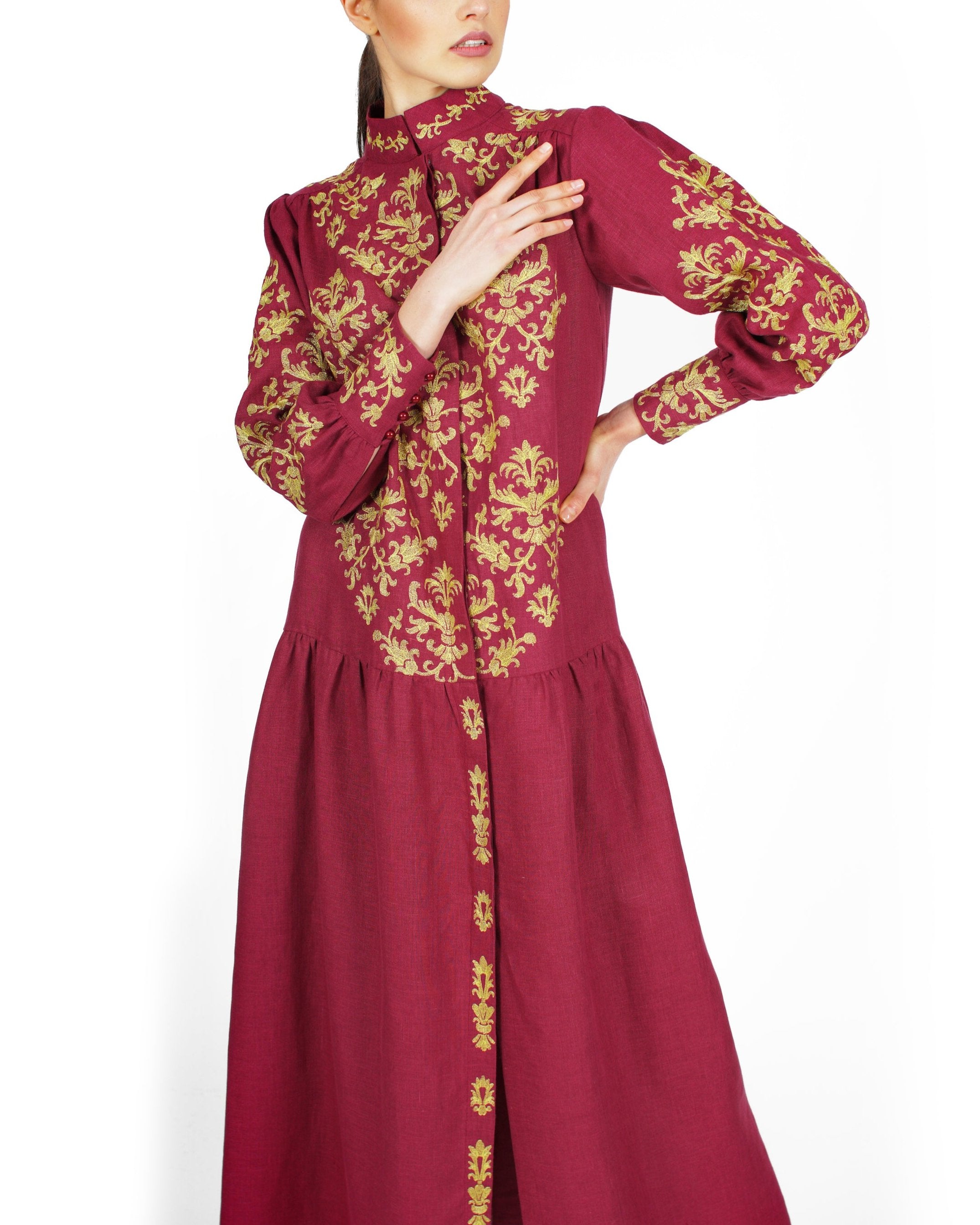 Bordeaux Embroidered Linen Maxi Dress | ZALXNDRA