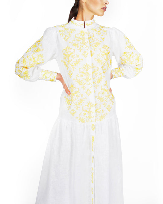 White and Yellow Damask Embroidered Linen Maxi Dress with Stand Collar