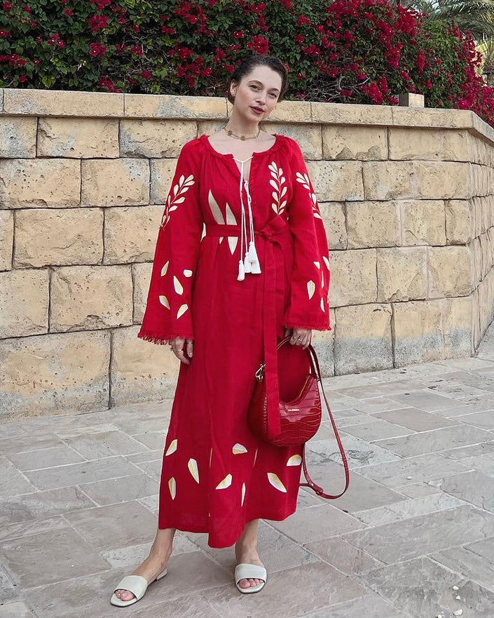 Scarlet Red Embroidered Linen Maxi Dress | ZALXNDRA
