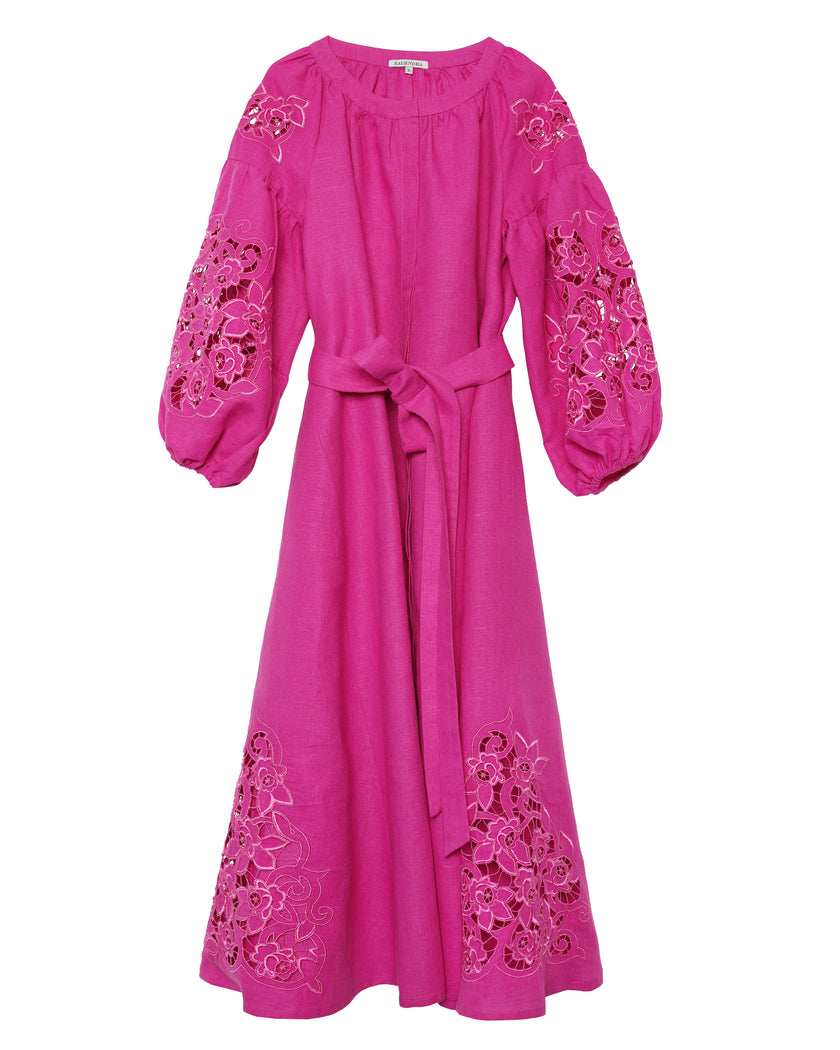 Fuchsia Hand Cut Embroidered Linen Maxi Dress | ZALXNDRA