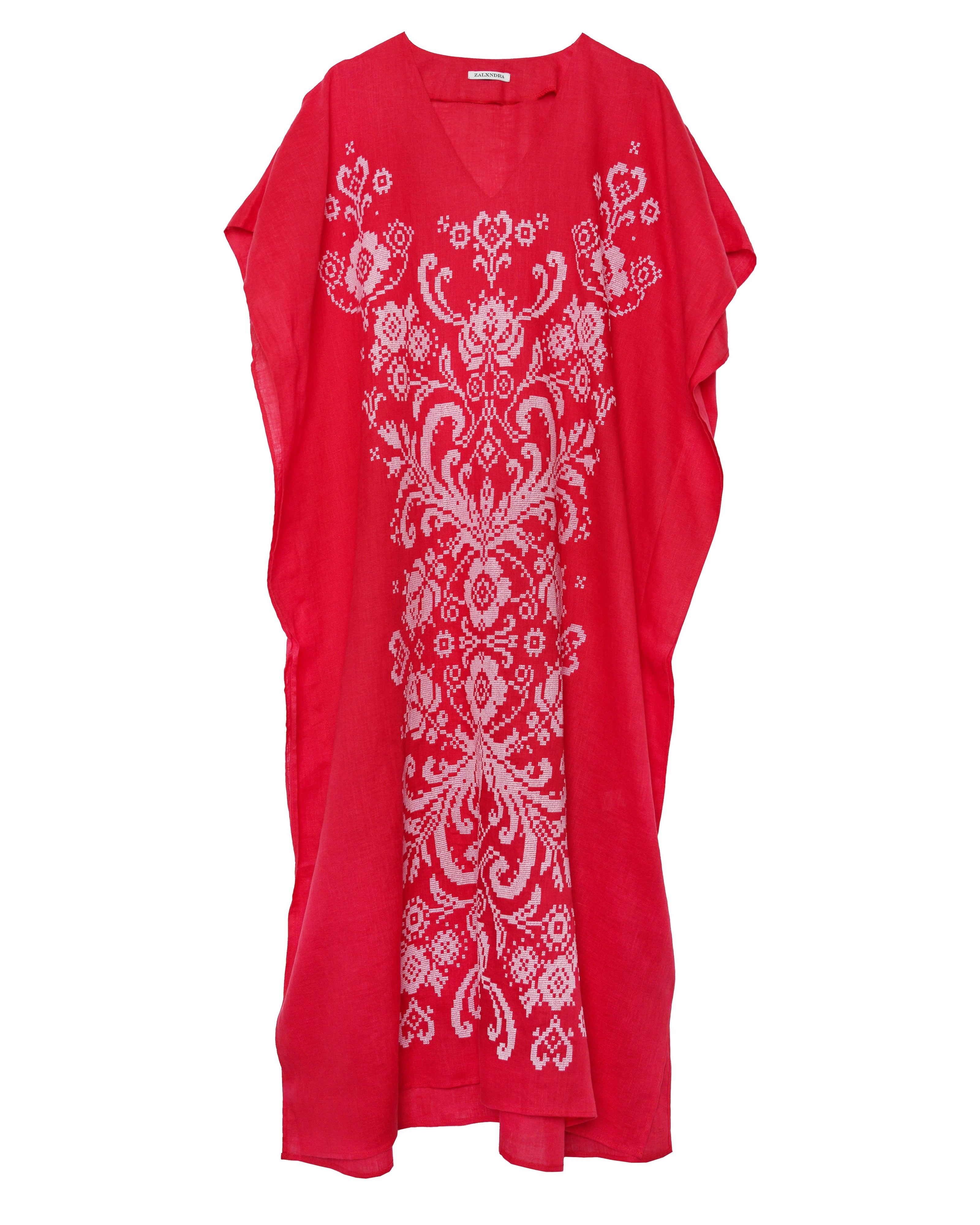 Scarlet Red Hand Embroidered Linen Maxi Dress | ZALXNDRA