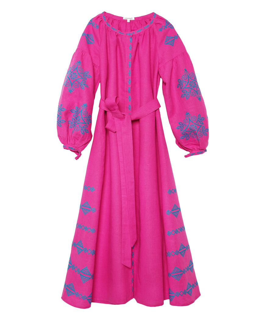Fuchsia Hand Embroidered Linen Maxi Dress | ZALXNDRA