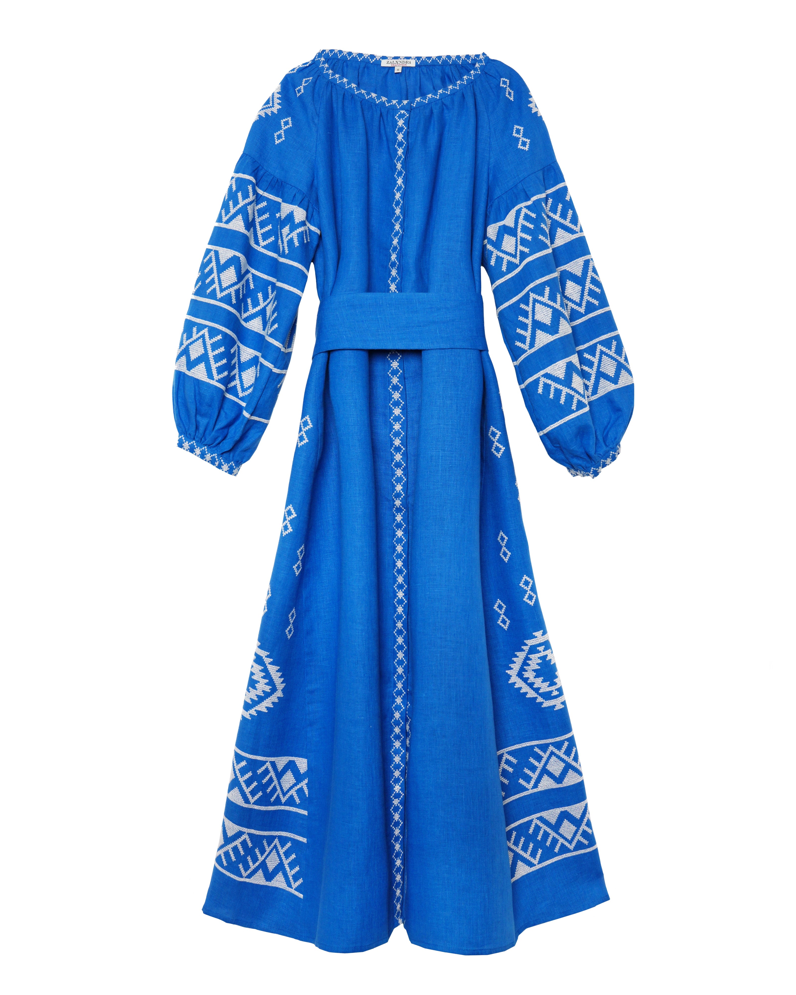 Royal Blue Hand Embroidered Linen Maxi Dress | ZALXNDRA